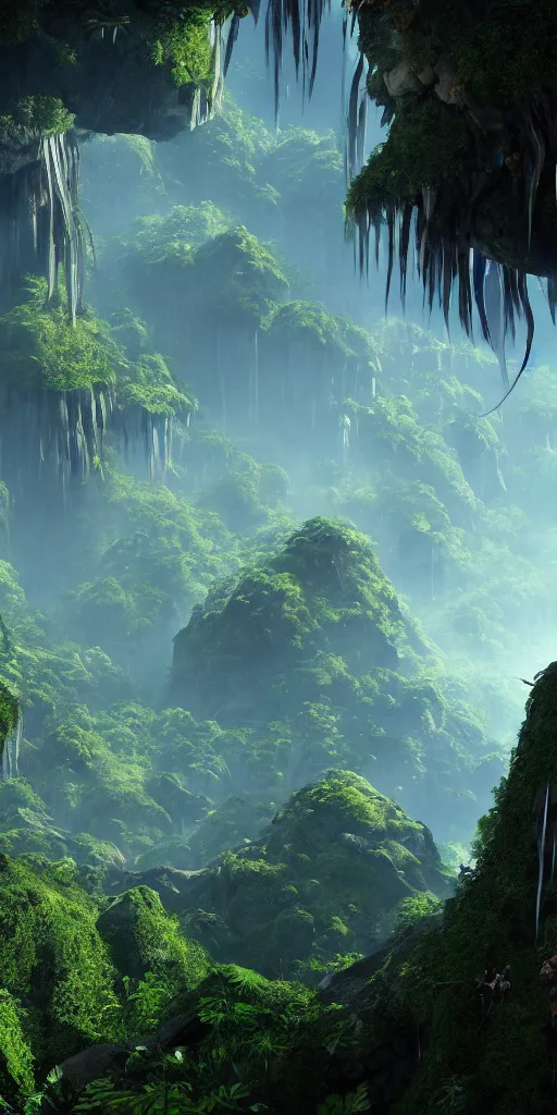 Image similar to a side of a very tall mountains covered in foliage , James Cameron avatar style, cinematic, atmospheric, featured on artstation, ultra detailed