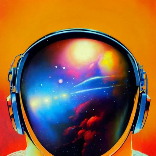 Image similar to cosmic skies in the reflection on an astronaut helmet. Vivid colors, soft lighting, atmospheric, cinematic, moody, in the style of Ilya Kuvshinov and Range Murata, Krenz Cushart, rule of thirds, oil on canvas, 8k.