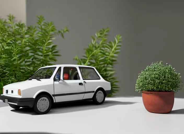 Prompt: a small miniature of a Fiat Ritmo 1987 on a white table near a book and a vase with a plant, 3d render, octane render, unreal engine 5, path tracing, serene landscape, calm, relaxing, beautiful landscape, highly detailed, high quality, 4k, symmetrical, low contrast