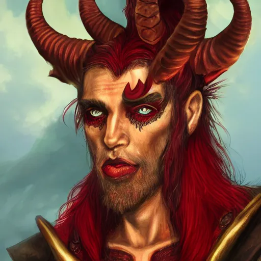 Image similar to dnd style portrait of a tiefling, male, red scales, red skin, a big black beard, completely golden eyes, 2 black ram horns growing out of his forehead,