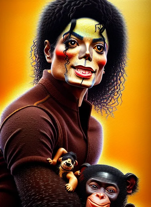 Prompt: oil painting, portrait of michael jackson with his pet chimp bubbles, intricate, octane render, detailed, beautiful, brown skin, unreal engine, symmetrical, artstation, art by karol bak, art by artgerm, rossdraws, cinematic, concept art, filmic, vsco