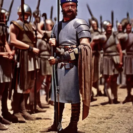 Image similar to photograph of a roman soldier in front of his army, ancient rome, movie picture, colour photograph