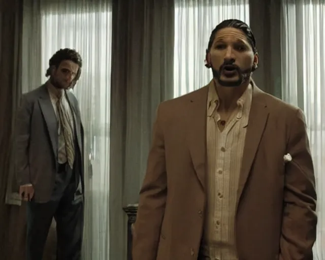 Prompt: in this scene from david chase's hbo miniseries the outfit, a supernatural mafia crime thriller about magical monster - hunting mafiosi in 9 0 s philadelphia, the main character ( joe manganiello ) is terrified when he sees a man turn into a strange ephemeral spirit of rage. realistic hd 8 k film photography, modern horror cgi vfx.