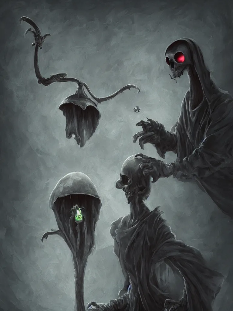 Prompt: the grim reaper stealing the soul from a humanoid mushroom. Dark fantasy art by so-bin. Trending on artstation