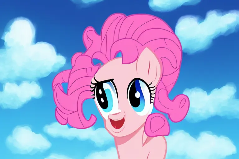 Prompt: Giant Pinkie Pie pokes her head through the clouds, digital art