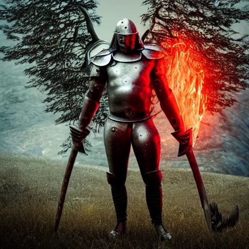 Prompt: full - body - portrait photo brutal nordic warrior, wearing intricate steel armor, holding magical fiery battle - axe, sharp focus, highland landscape with few trees background, magical aura, heroic pose, fantasy style, octane render, volumetric lighting, 8 k high definition, highly detailed, trending on artstation, centered