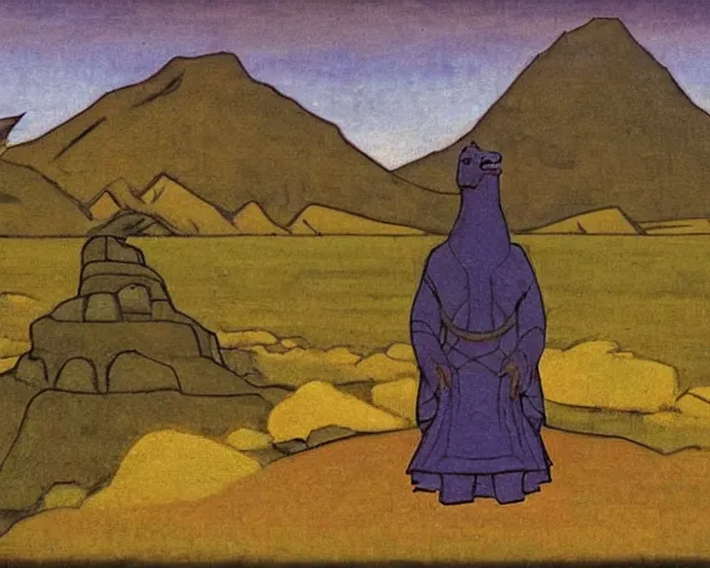 Prompt: ancient godzilla standing in front of altai forest, painting by roerich