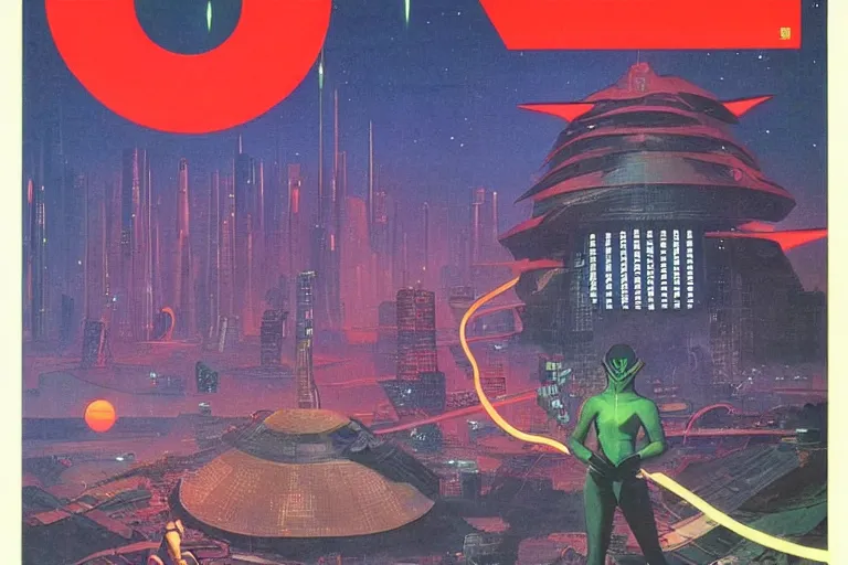 Image similar to 1979 OMNI Magazine Cover of an argonian mage in neo-tokyo style by Vincent Di Fate