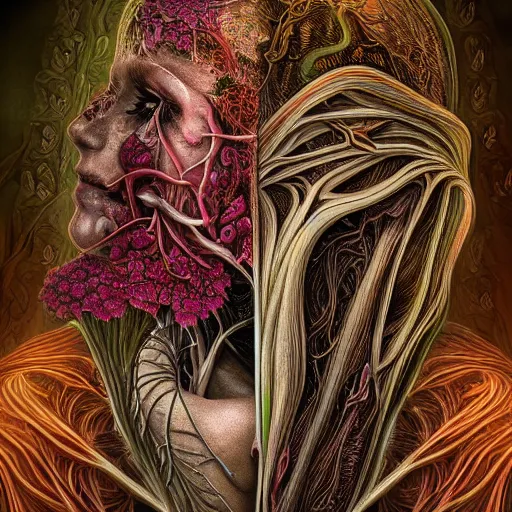 Prompt: a beautiful detailed photo of a two sides rotten woman corpse morphing into fractal plants and fractal flowers and mushrooms, muscles, veins, anatomical, intricate, ornate, volumetric light, beautiful lit, romero ressendi