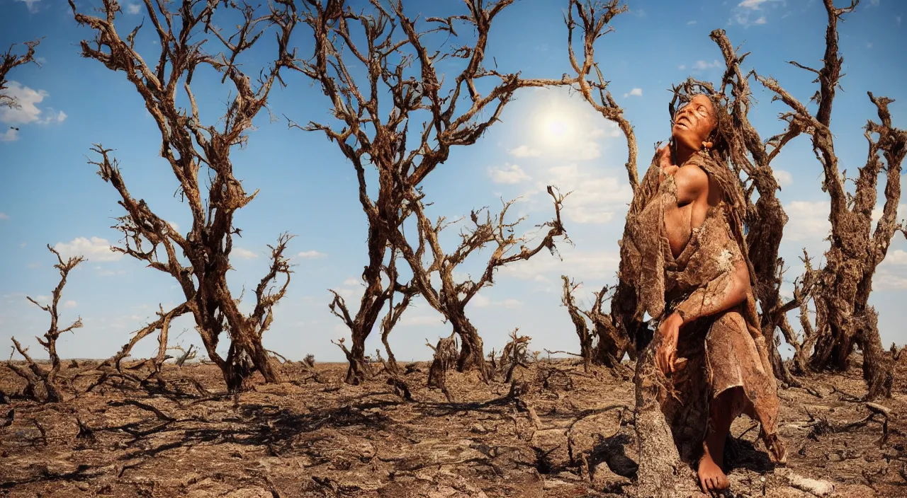 Image similar to full shot of a crying ancient dried up Oshun, peaceful, facing the camera and standing in front of a dried up river in a desolate land, dead trees, blue sky, hot and sunny, highly-detailed, elegant, dramatic lighting, artstation, 4k, cinematic landscape, photograph by Elisabeth Gadd