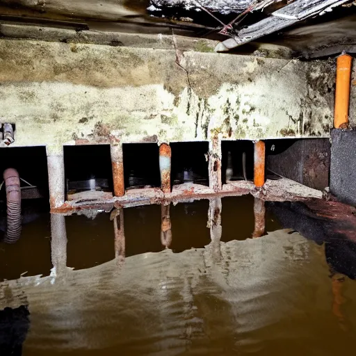 Prompt: deep underground bunker, flooded, dirty water, rusty pipes, cables