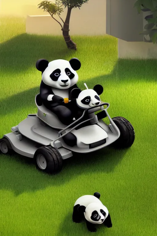 Image similar to a panda driving a lawn mower mowing his lawn, suburban garden, cgsociety and beeple highly detailed, cinematic lighting, illustration, art, octane render, unreal engine lumen, very coherent. cinematic, hyper realism, high detail, octane render, 8 k