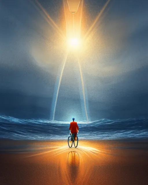 Image similar to photo of man riding a bicycle along the beach that is lit by glowing organisms underwater toward a lighthouse in the distance, wide horizon, large white clouds, intricate, elegant, highly detailed, digital painting, artstation, concept art, smooth, sharp focus, illustration, art by artgerm and greg rutkowski and fra angelico