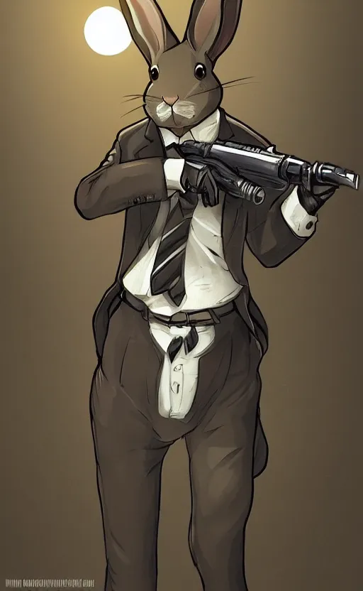 Image similar to rabbit as a hitman, suit and tie, with silenced gun, dynamic lighting, fantasy concept art, trending on art station, stunning visuals, creative, cinematic, ultra detailed, comic strip style