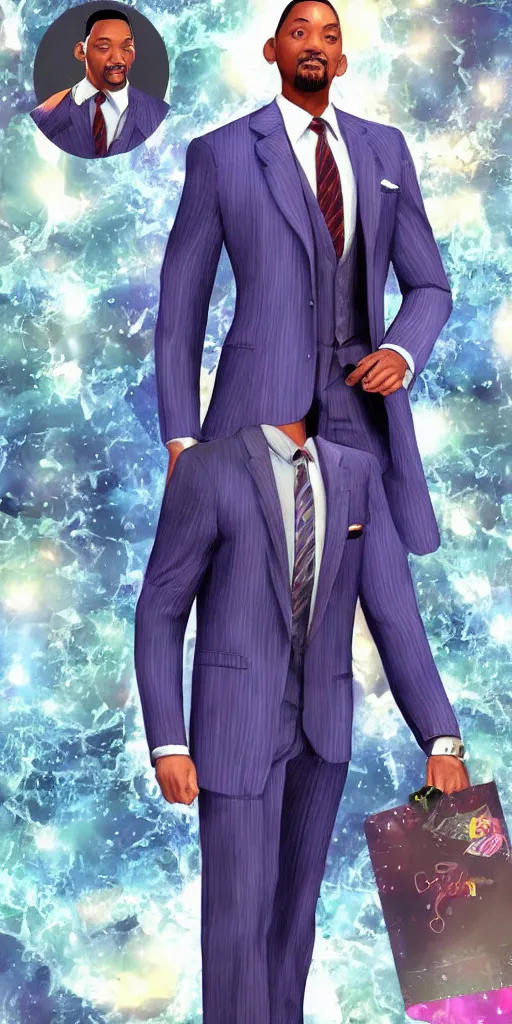 Image similar to will smith wearing luxury suits as a gacha game rare character, full body, cartoon, anime, trending in pixiv, cool color pattern