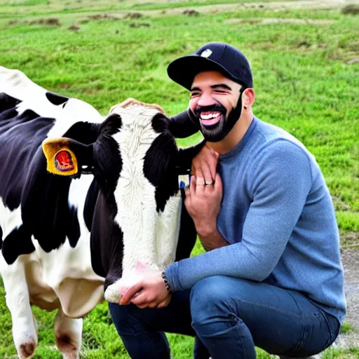 Image similar to drake smiling, with a cow