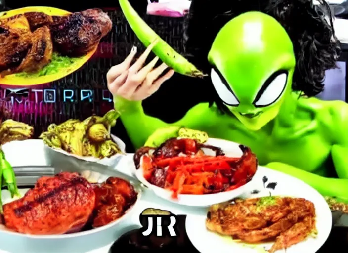 Image similar to Alien mukbang on YouTube. Alien vegetables, roasted. Exotic meat, grilled. Trending on YouTube. HD