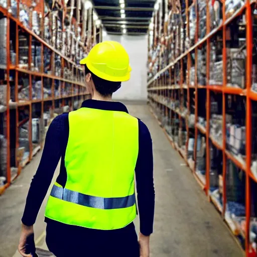 Prompt: photo, close up, emma watson in a hi vis vest, in warehouse, android cameraphone, dim lighting, 2 6 mm,