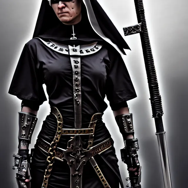 Image similar to cyberpunk nun warrior, highly detailed, 4 k, hdr, smooth, sharp focus, high resolution, award - winning photo, anne stokes, photorealistic