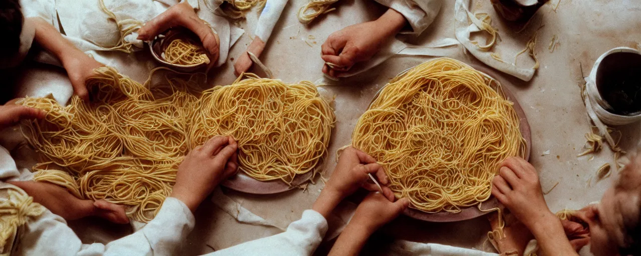 Image similar to the ancient greeks using spaghetti in geometry, canon 5 0 mm, wes anderson film, kodachrome