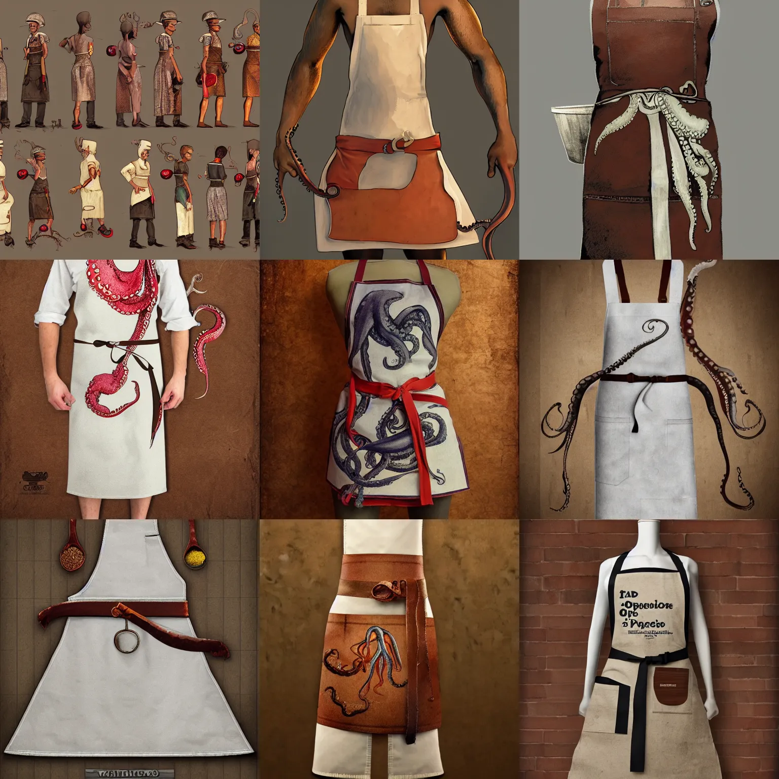 Prompt: a old wide apron with a belt on which huge knives, bottles of spices, pieces of octopus are hung, fantasy, highly detailed, trending on artstation,