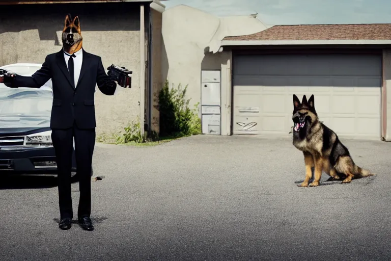 Image similar to film still of the main character furry anthro anthropomorphic german shepard head animal person fursona wearing clothes a suit and tie standing holding a pistol in the garage scene in an action movie posing for the camera 2020, 4k