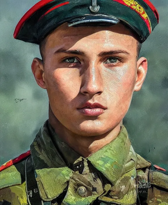 Image similar to portrait of a handsome young ukrainian soldier in kyiv, art by denys tsiperko and bogdan rezunenko, hyperrealism