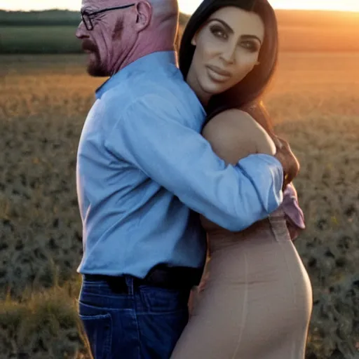 Prompt: walter white hugging kim kardashian, in a farm field, sunset