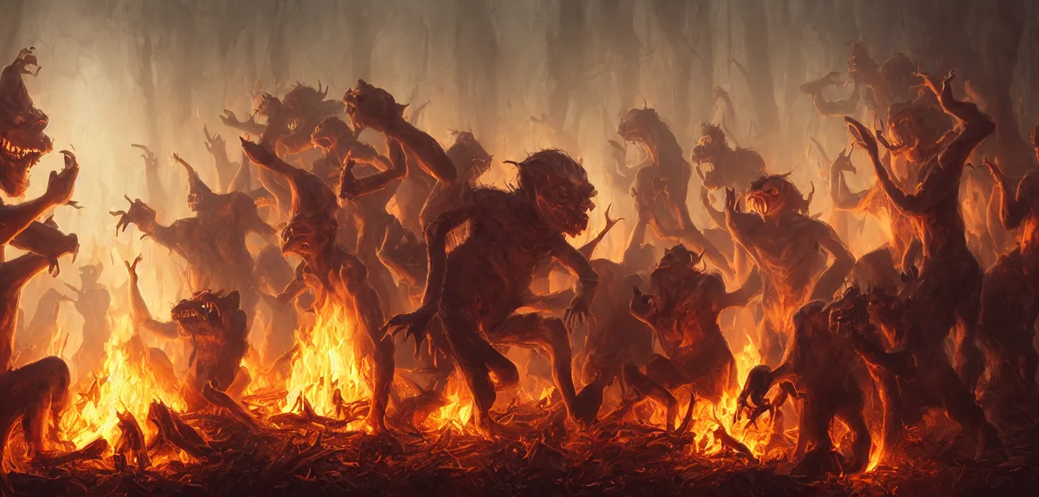 Image similar to oil matte painting, closeup portrait of ugly creepy goblins dancing around a bonfire at ba rave cheering dancing beautiful cinematic light deep focus, elegant, digital painting, smooth, sharp focus, golden ratio, dramatic illumination, ultra realistic, 8 k, art by greg rutkowski wlop rossdraws