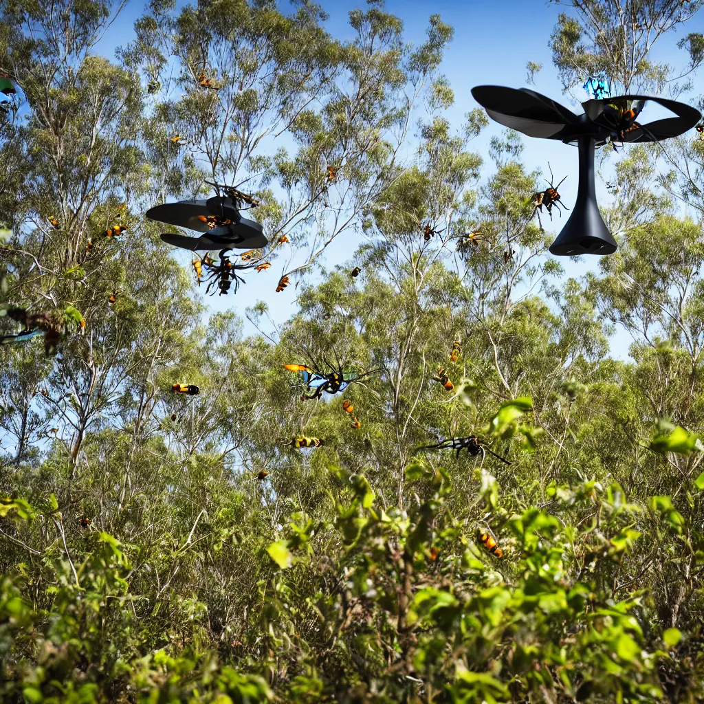 Image similar to biomimetic robot flying over a food forest, killing wasps with automatic lasers in the australian outback, XF IQ4, 150MP, 50mm, F1.4, ISO 200, 1/160s, natural light