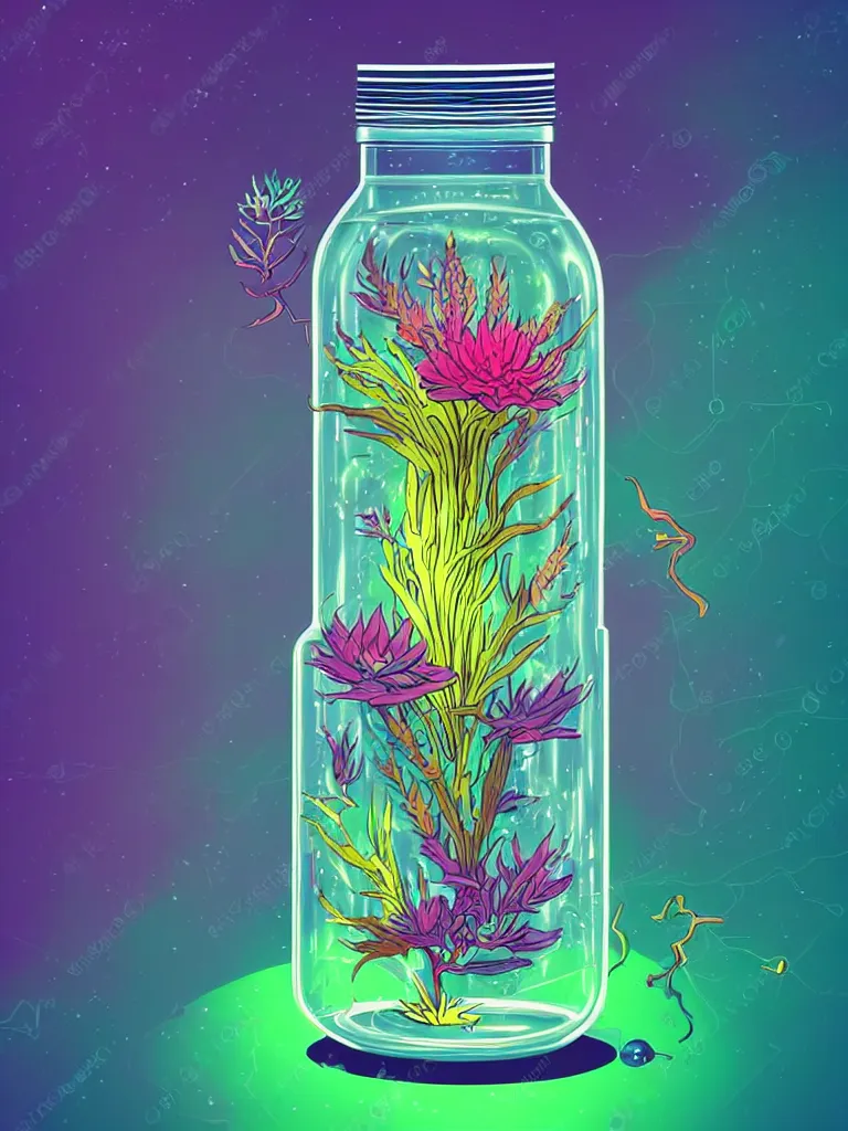 Image similar to concept art. illustration. sci - fi. multicolour strange weird plants and flowers from a different planet in a closed jar. plain background. high sci - fi. holographic, beautiful, ethereal