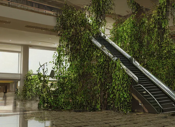 Image similar to an escalator in an abandoned mall in the 1 9 8 0 s, taken over by nature, covered in vines, nature style, hyperrealistic and beautiful painting, 8 k resolution, by hugh ferris and john smith, polished, fine detail, intricate, smooth, octane, concept art, trending on artstation