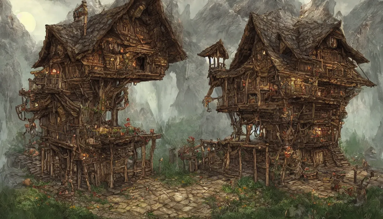 Prompt: Fantasy concept art of a sentient nomadic baba yaga tavern. Tavern walks around on stilts. No people. Stilts have claws.