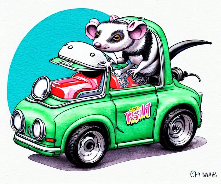 Image similar to cute and funny, opossum wearing a helmet riding in a tiny hot rod with oversized engine, ratfink style by ed roth, centered award winning watercolor pen illustration, isometric illustration by chihiro iwasaki, edited by range murata, tiny details by artgerm and watercolor girl, symmetrically isometrically centered, focused