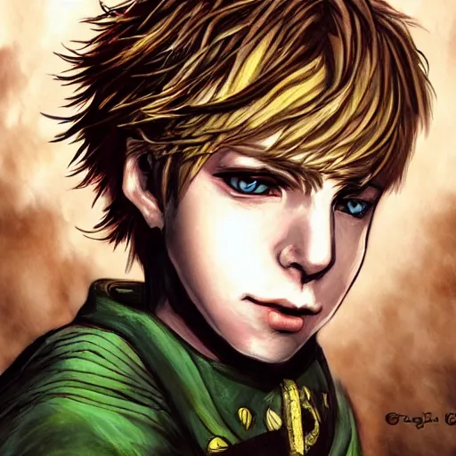 Image similar to an epic fantasy comic book style portrait painting of a young blonde boy thief in the style of yoshitaka amano