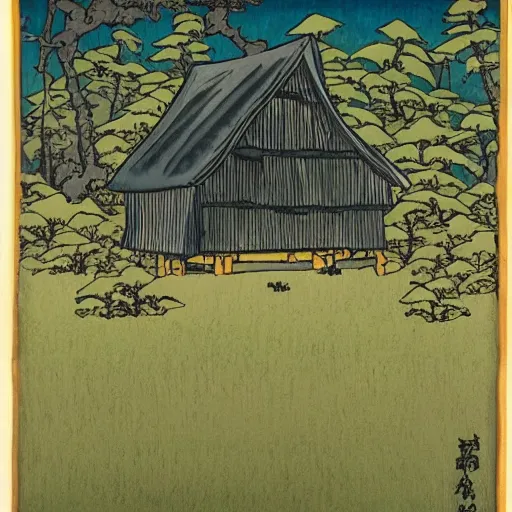 Image similar to a painting of a eerie cabin in the middle of the woods in the style of hokusai