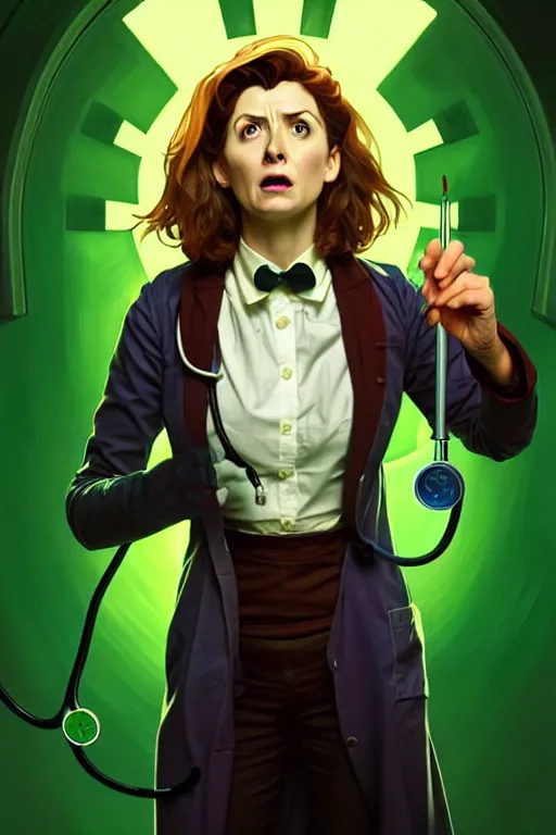 Image similar to doctor who, woman, as a mad dentist, on a plain green background, art by artgerm and greg rutkowski and alphonse mucha