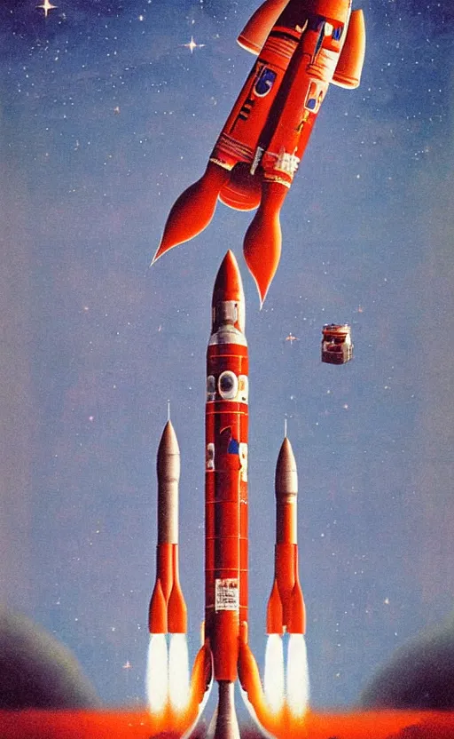 Image similar to Soviet space rockets propaganda poster in the style of James Gilleard, Zdzislaw Beksinski, Mark Ryden, Wolfgang Lettl highly detailed, hints of Yayoi Kasuma