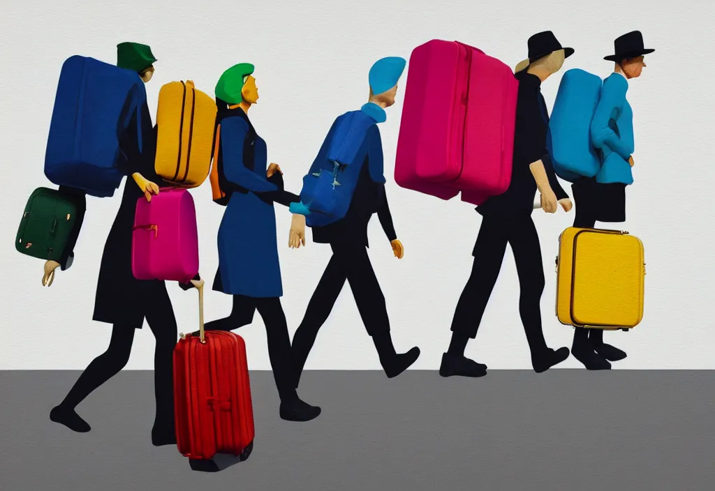 Image similar to full body portrait of a trio of european tourists autumn travel apparel, various poses walking and carrying luggage, character designs painting, in the style of wes anderson, rene magritte, lola dupre, david hockney, isolated on white background, dark monochrome neon spraypaint accents volumetric octane render