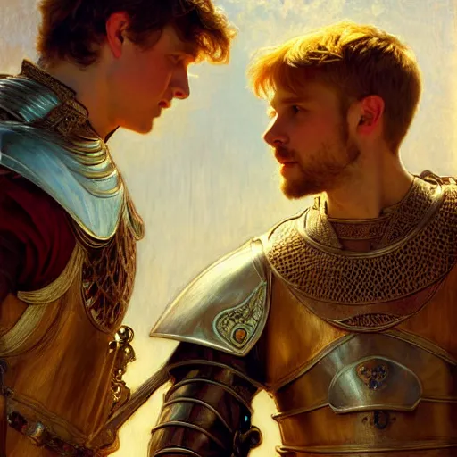 Image similar to attractive arthur pendragon and his attractive male knight, they are in love, natural lighting, path traced, highly detailed, high quality, digital painting, by gaston bussiere, craig mullins, alphonse mucha j. c. leyendecker