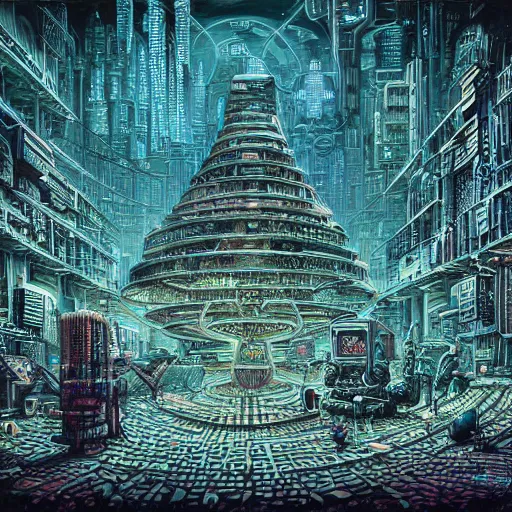 Image similar to a hyper realistic painting of a cyberpunk labyrinth, by joe fenton, highly detailed, vivid color,