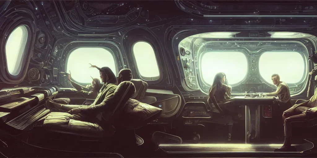 Prompt: highly detailed interior of a retro spaceship with large windows, stephen bliss, unreal engine, greg rutkowski, ilya kuvshinov, ross draws, hyung tae and frank frazetta, tom bagshaw, tom whalen, nicoletta ceccoli, mark ryden, earl norem, global illumination, god rays, detailed and intricate environment