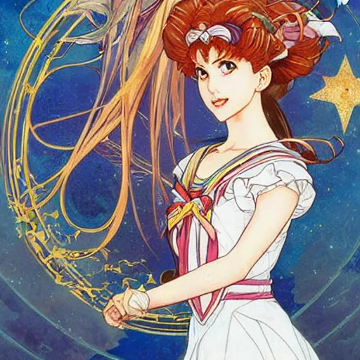 Image similar to Portrait of Sailor Moon by Naoko Takeuchi. Art by Greg Rutkowski and Alphonse Mucha