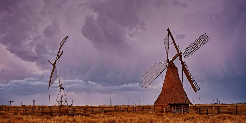 Prompt: photo of a stormy west texas sunset, perfect rustic windmill, film photo, lightning, golden hour, high quality, beautiful!!!