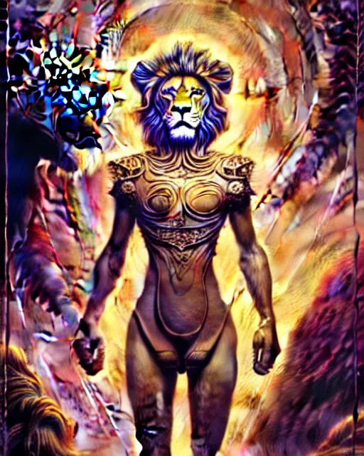 Image similar to a person and a lion tarot card, fantasy character portrait made of fractals, ultra realistic, wide angle, intricate details, the fifth element artifacts, highly detailed by peter mohrbacher, hajime sorayama, wayne barlowe, boris vallejo, aaron horkey, gaston bussiere, craig mullins