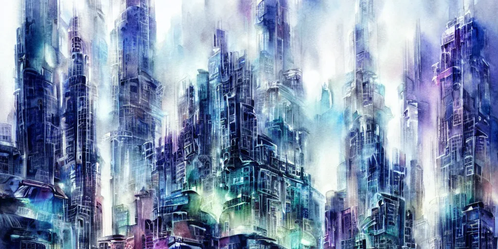 Prompt: futuristic city, exquisite masterpiece watercolor painting, trending on artstation