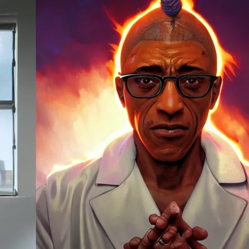 Image similar to gustavo fring as dhalsim street fighter, 4 k, ultra realistic, detailed focused art by artgerm and greg rutkowski and alphonse mucha