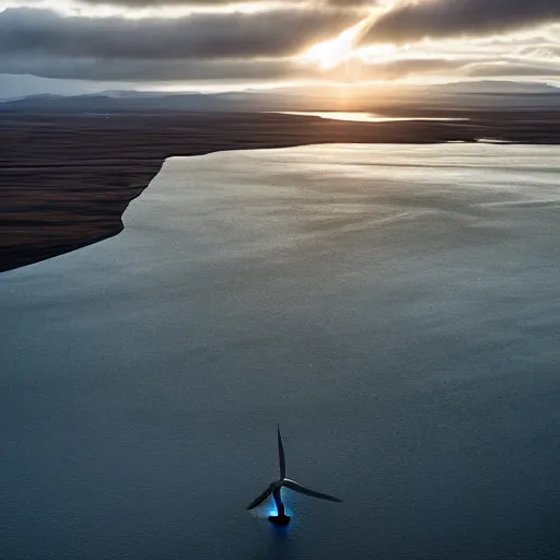 Image similar to humongous wind-turbine in the distance, by Greg Rutkowski, iceland landscape, golden hour, dramatic lighting, epic, gargantuan, intricate detail, 4k, 8k