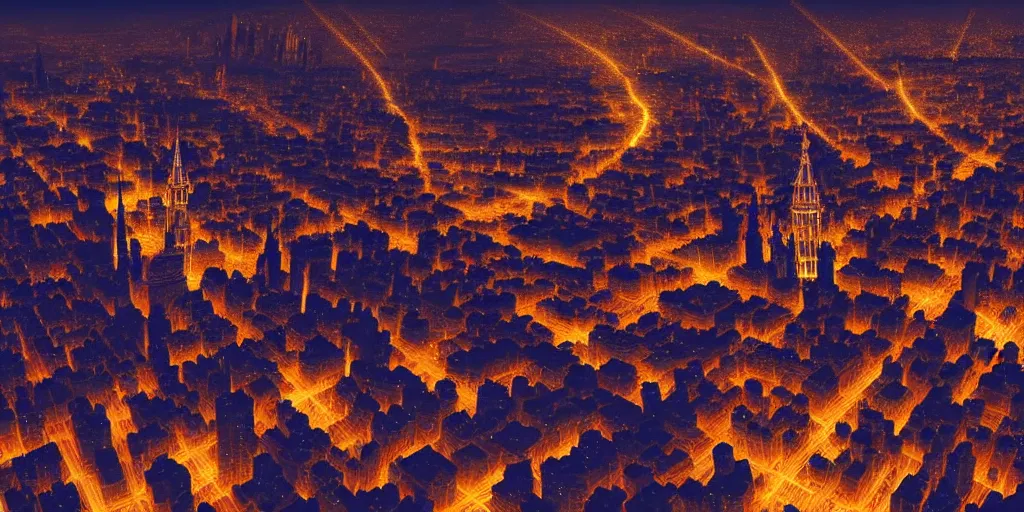 Image similar to magical city of the Great Tartarian Empire adorned with amazing lost technology, lights resembling fireflies, spires from rooftops collecting and distributing etheric energy, cityscape seen at night from above, combining intense detail & utmost quality, Christian Hecker, Artstation, - H 832