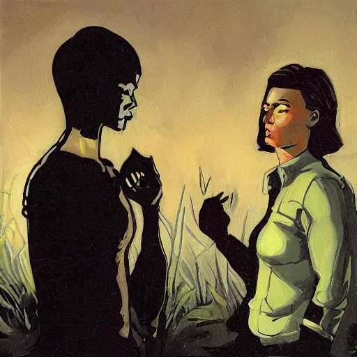 Image similar to short-haired heroic stoic handsome blonde butch tomboy woman engineer standing beside dark fae feathered gothic Jennifer Connelly in garden at night, in love, Mike Mignola, trending on art station, oil painting